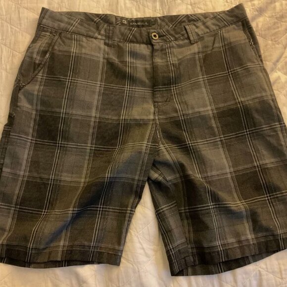 O'Neill Mens Plaid Grey Black board shorts size 38 Bermuda style Viscose striped - Picture 1 of 3